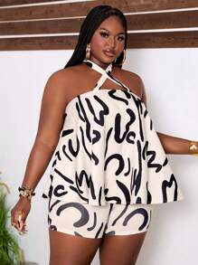 Slaydiva Kích thước lớn Kỳ nghỉ Phong cách Thanh lịch Và Lỏng lẻo Dây chéo Áo Và Quần short - Màu be - Xem 3