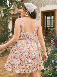 Dreamara Plus Size Floral Print Spaghetti Strap A-Line Dress With Cinching Waist Spring Dress Pink Women Dresses Summer Dress Summer Dress Maxi Women Dresses Junior Dresses Country Concert Outfit Colorful Dress Casual Women Dresses Vacation  Romantic Ruffled Edges - Multicolor - View 7