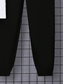 SHEIN Leap Crew Teen Boy Casual Letter Print Color Block Short Sleeve T-Shirt And Long Pants Two-Piece Set For Spring And Summer - Black - View 5