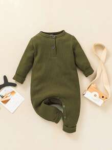 Baby Boy Solid Half Button Jumpsuit - Army Green - View 1