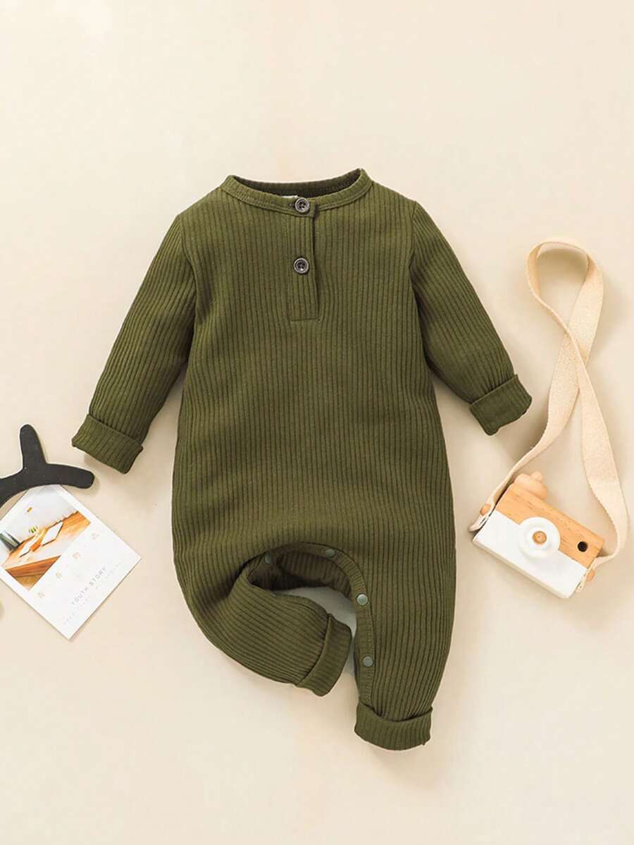 Baby Boy Solid Half Button Jumpsuit - Army Green - View 1