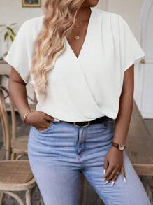 SHEIN Clasi 大码纯色斜领褶皱衬衫 - 白色 - 查看 4