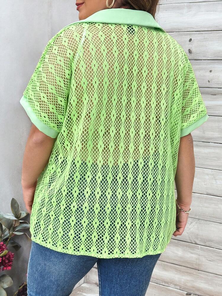 Plus Size Woven Hollow Out Button Front Short Sleeve Shirt