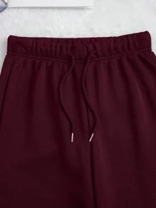 INAWLY Solid Color Round Neck Loose Drop Shoulder Sweatshirt And Ribbed Hem Jogger Pants - Burgundy - View 6