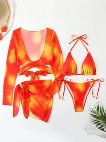 SHEIN Swim Bộ bikini cúp tam giác dây màu gradient dành cho nữ - Đỏ - Xem 3