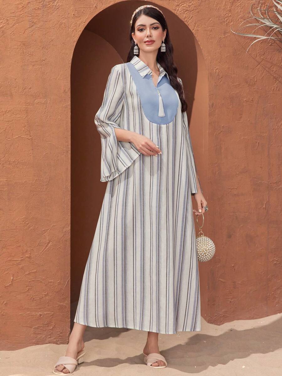 Al Najma 拼接條紋流蘇邊分叉袖連衣裙 - 藍色 - 查看 1