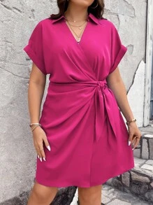 Vionelle 大碼蝙蝠袖側打結圍裹式洋裝