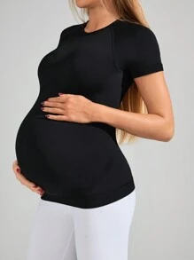 SHEIN Maternity Solid Round Neck Raglan Sleeve Slim Fit T-Shirt - Black - View 1