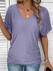 SHEIN LUNE 女式空心刺繡v領短袖t恤 - 紫色 - 查看 3