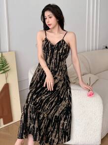 DAZY 女式全印花荷叶边下摆细肩带连衣裙夏季太阳裙，休闲女式连衣裙