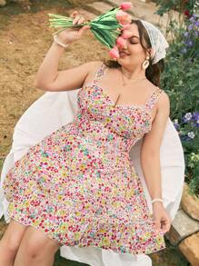 Dreamara Plus Size Floral Print Spaghetti Strap A-Line Dress With Cinching Waist Spring Dress Pink Women Dresses Summer Dress Summer Dress Maxi Women Dresses Junior Dresses Country Concert Outfit Colorful Dress Casual Women Dresses Vacation  Romantic Ruffled Edges - Multicolor - View 5