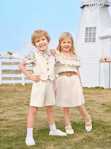 3pcs Young Boy Casual, Comfortable, Fashionable, Simple And Practical, Full-Print Tropical Plant Pattern Shirt And Solid Color Vest Shorts, Suitable For Spring And Summer - Multicolor - View 3