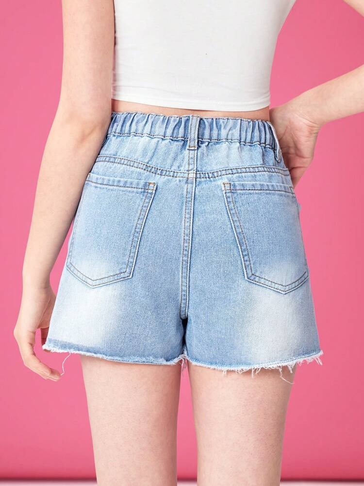 Teen Girl Bear & Heart Print Washed Denim Shorts With Frayed Hem