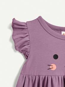 Cozy Pixies 2pcs Baby Girl Cartoon Bunny Patterned Short Sleeve Dress With Ruffles And Waistband, Including Diaper Cover Set