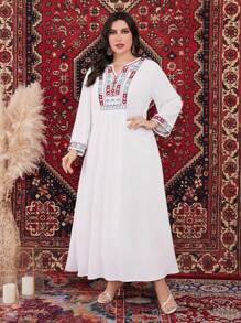 Al Najma Plus Size Geometric Pattern Notched Neck Long Sleeve Dress
