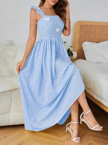 SHEIN Privé 無袖甜心背心格紋連身裙,蝴蝶裝飾 - 藍色 - 查看 5