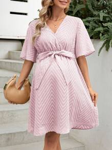 SHEIN Maternity Loose Fit V-Neck Casual Dress - Pink - View 4