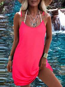 SHEIN LUNE Casual Solid Colored Dress With Buckle Decorated Spaghetti Straps For Women - Pink - View 1