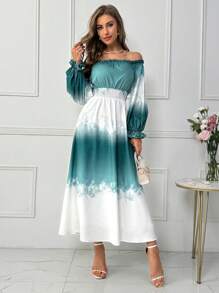 Seusyu 女士扎染露肩荷叶边袖褶皱腰中长连衣裙 - 彩色 - 查看 5