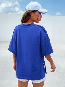 SHEIN EZwear 藍色針織女式v領t恤 - 寶藍色 - 查看 2