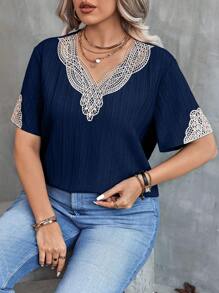 SHEIN Unity 大码女式夏季撞色蕾丝短袖衬衫 - 藍色 - 查看 5