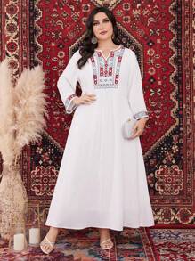 Al Najma Plus Size Geometric Pattern Notched Neck Long Sleeve Dress