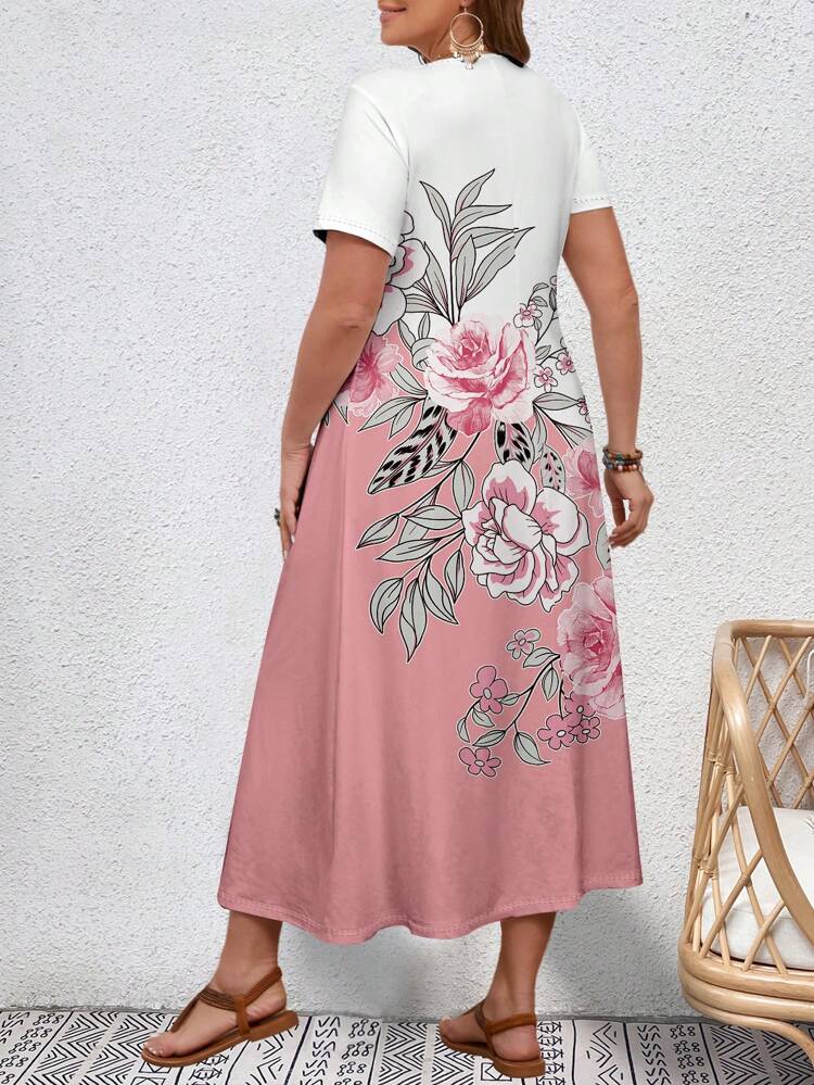 Plus Size Women Slim-Fit Short Sleeve V-Neck Dress With Rose Pattern, Summer,Beach Dress Sundress,Holiday Outfits Boho