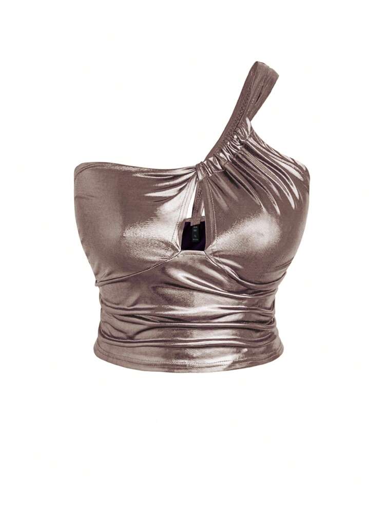 Plus Size Women's Metallic Texture One Shoulder Sleeveless Pleated Top