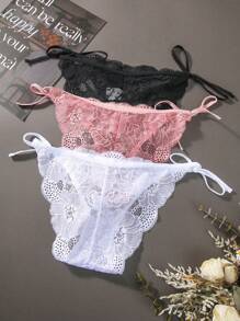 3pcs Tied Side Lace Triangle Panties Lingerie - Multicolor - View 2