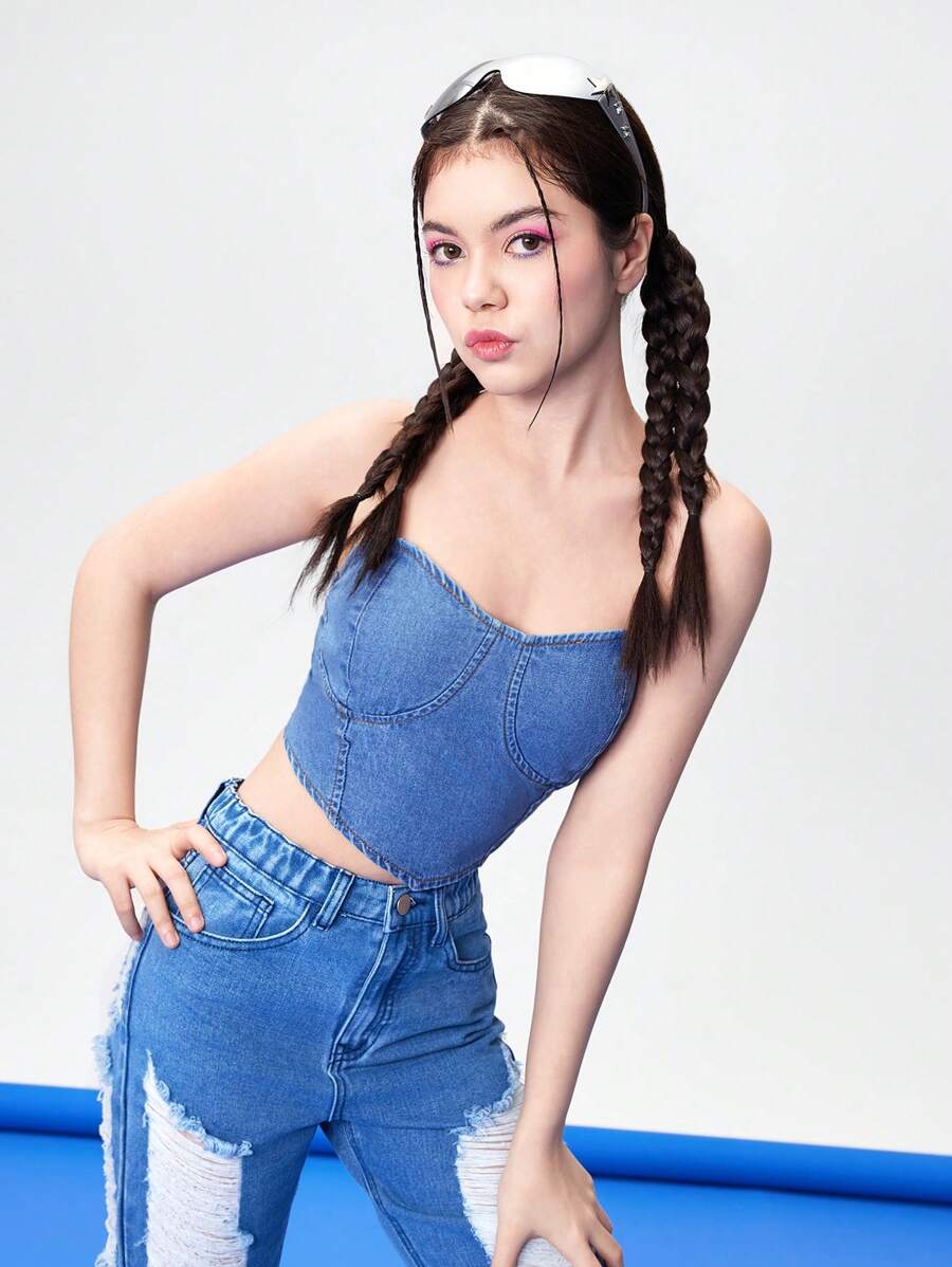 (Chica adolescente) Top sin tirantes de mezclilla con nuevos diseños casuales y de moda - Azul lavado medio - Ver 1