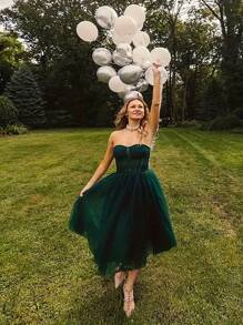 薄纱短款舞会礼服，透明紧身胸衣茶长中长晚会正式派对礼服，优雅半正式婚礼宾客礼服，适合生日、毕业典礼、返校节 - 墨綠色 - 查看 3