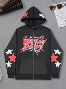 Manfinity Roghcode Men's Letter & Star Print Fleece Hooded Zip-Up Sweatshirt - Black - View 3