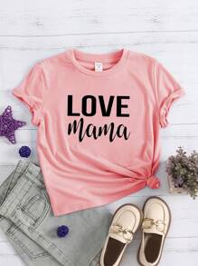 Áo thun ngắn tay in chữ Tween Girl Casual Love Mom, mùa hè - Hồng - Xem 2