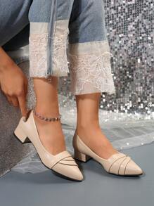 Women High Heel Shoes, Pointed Toe Ruched Mid Heel Slip-On Dress Pumps, Comfortable Versatile Black High Heels - Apricot - View 6