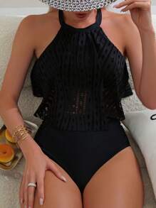 Swim Lushoire 夏季海滩镂空荷叶边高腰比基尼 - 黑色 - 查看 4
