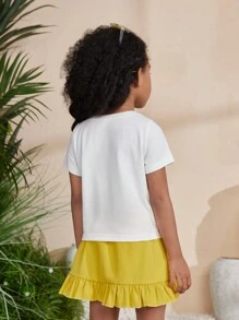 SHEIN Conjunto de top de manga corta de punto de cuello redondo con unicolor y falda asimétrica de volantes para niñas jóvenes, para primavera y verano