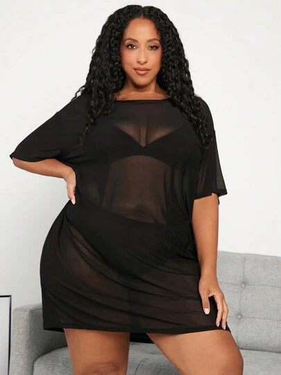 SHEIN CURVE+ Plus Size Loose Fit Round Neck Mesh Short Sleeve Dress