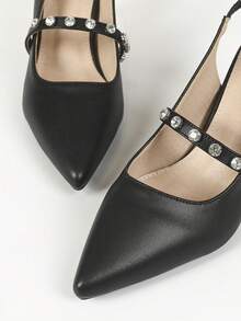 女士時尚春夏鑲鑽高跟涼鞋,單帶設計 - 黑色 - 查看 6