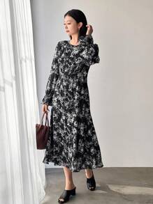 FRIFUL Designer Women's Full Bloom Floral Printed Plisse Pleated Dress With Round Neckline And Ruffle Sleeves,Fall Dress Long Sleeve Dress Vacation Outfits Women Boho - Multicolor - View 1