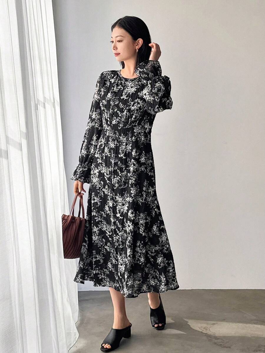 FRIFUL Designer Women's Full Bloom Floral Printed Plisse Pleated Dress With Round Neckline And Ruffle Sleeves,Fall Dress Long Sleeve Dress Vacation Outfits Women Boho - Multicolor - View 1