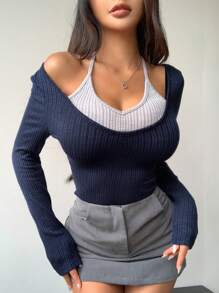 DAZY 修身仿套头衫双色长袖女式T恤，秋季服装 - 藏蓝色 - 查看 4