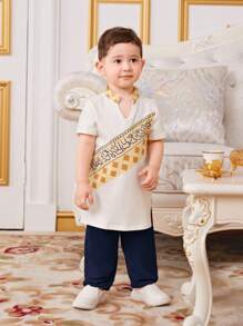 SHEIN Bộ trang phục áo sơ mi ngắn tay in hình bé trai có cổ đứng và quần lưng thun màu trơn - Xanh đậm - Xem 3