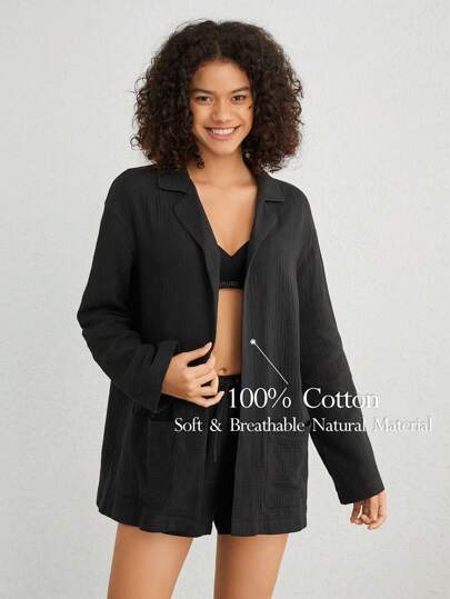 Ocili Cómoda Chaqueta De Estar En Casa De Color Sólido Con Bolsillos