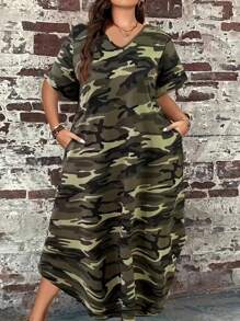 INAWLY 大码迷彩印花短袖连衣裙，夏季 - 軍綠色 - 查看 4