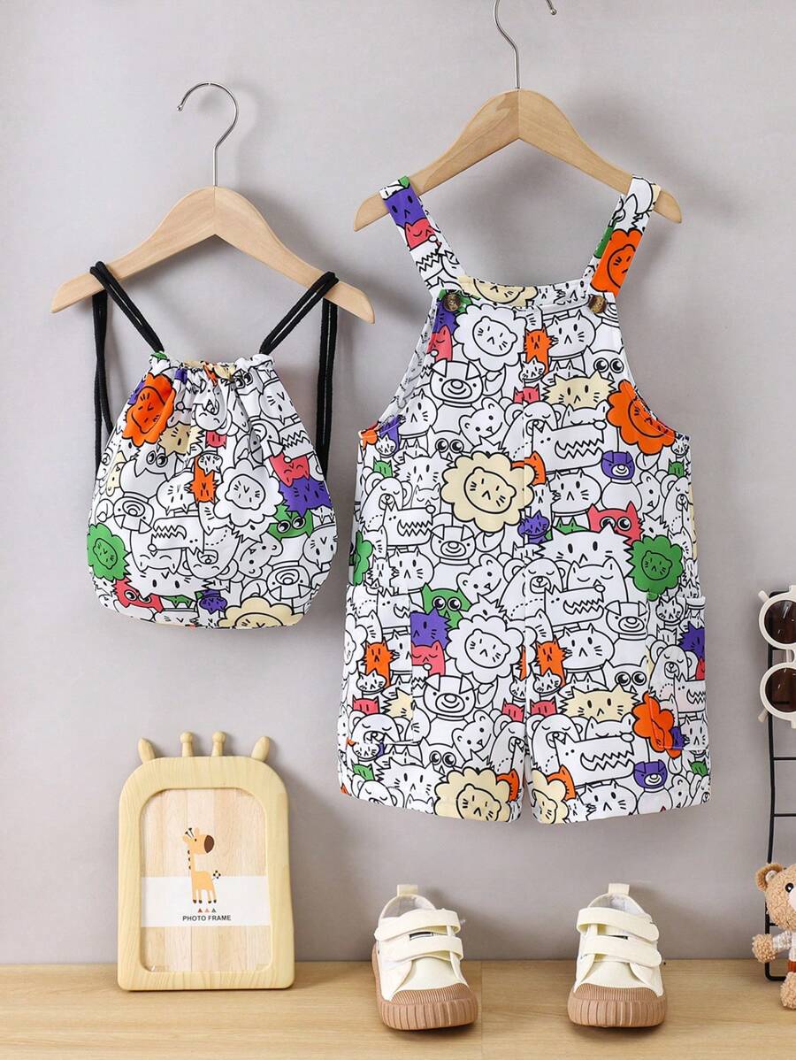 SHEIN Young Boy Cute Cartoon Printed Jumpsuit With Backpack For Summer - Multicolor - View 1