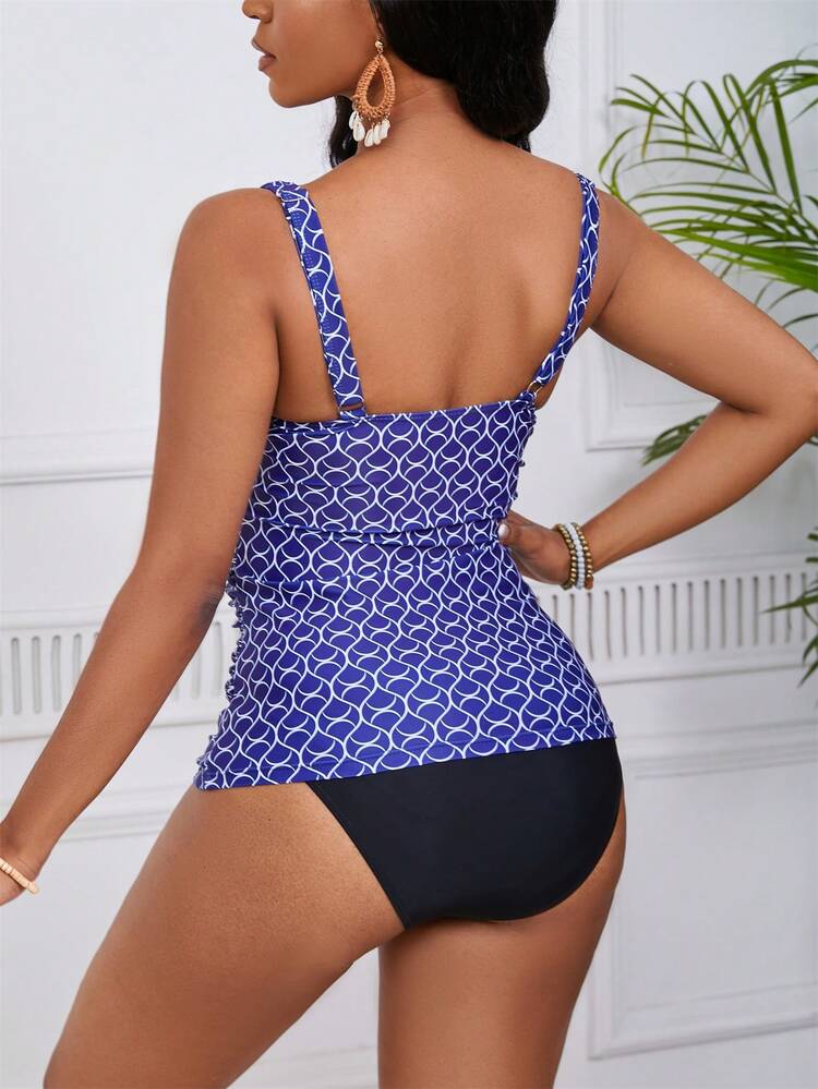 Summer Geometric Printed Ruffle Tankini Swimwear Set