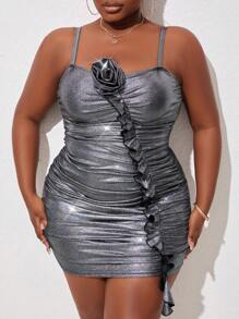 SHEIN Swim Curve 大码 3d 花朵衬垫吊带背心分体泳衣套装 夏季 - 銀色 - 查看 5