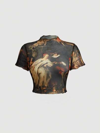 SHEIN MOD 女性大尺碼字符印花網紗上衣,立領設計