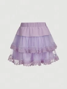 SHEIN MOD Women's Double-Layered Mesh Skirt With Bow Decoration And Ruffled Hem - Mauve Purple - View 2