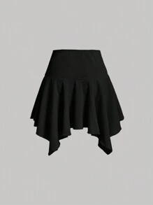 SHEIN MOD Fusta cu tivul asimetric de culoare solidă, cu detaliu cu șnur - Negru - Vizualizare 2